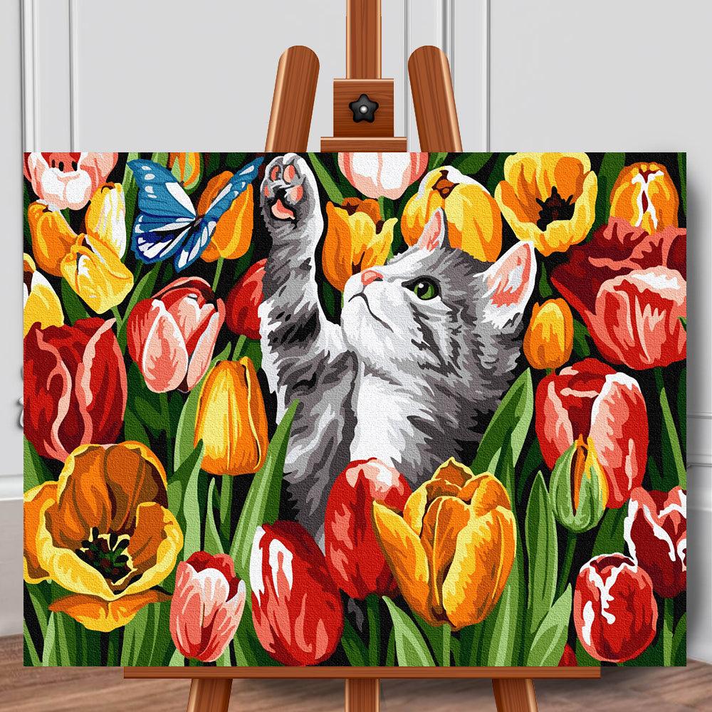 Pictura pe panza cu numere Pisicuta in lanul cu lalele 40x50 cm - Nitzi.ro