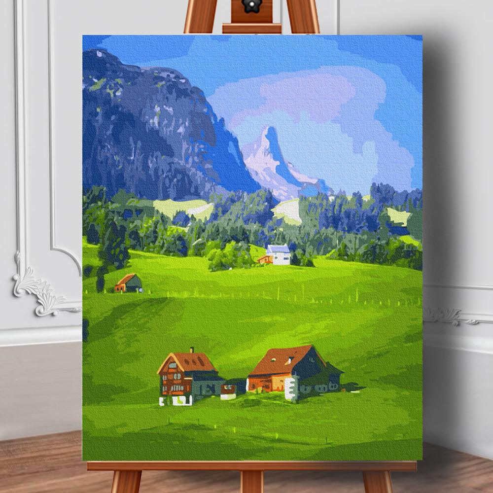 Pictura pe panza cu numere Sat in munti 50x40 cm - Nitzi.ro