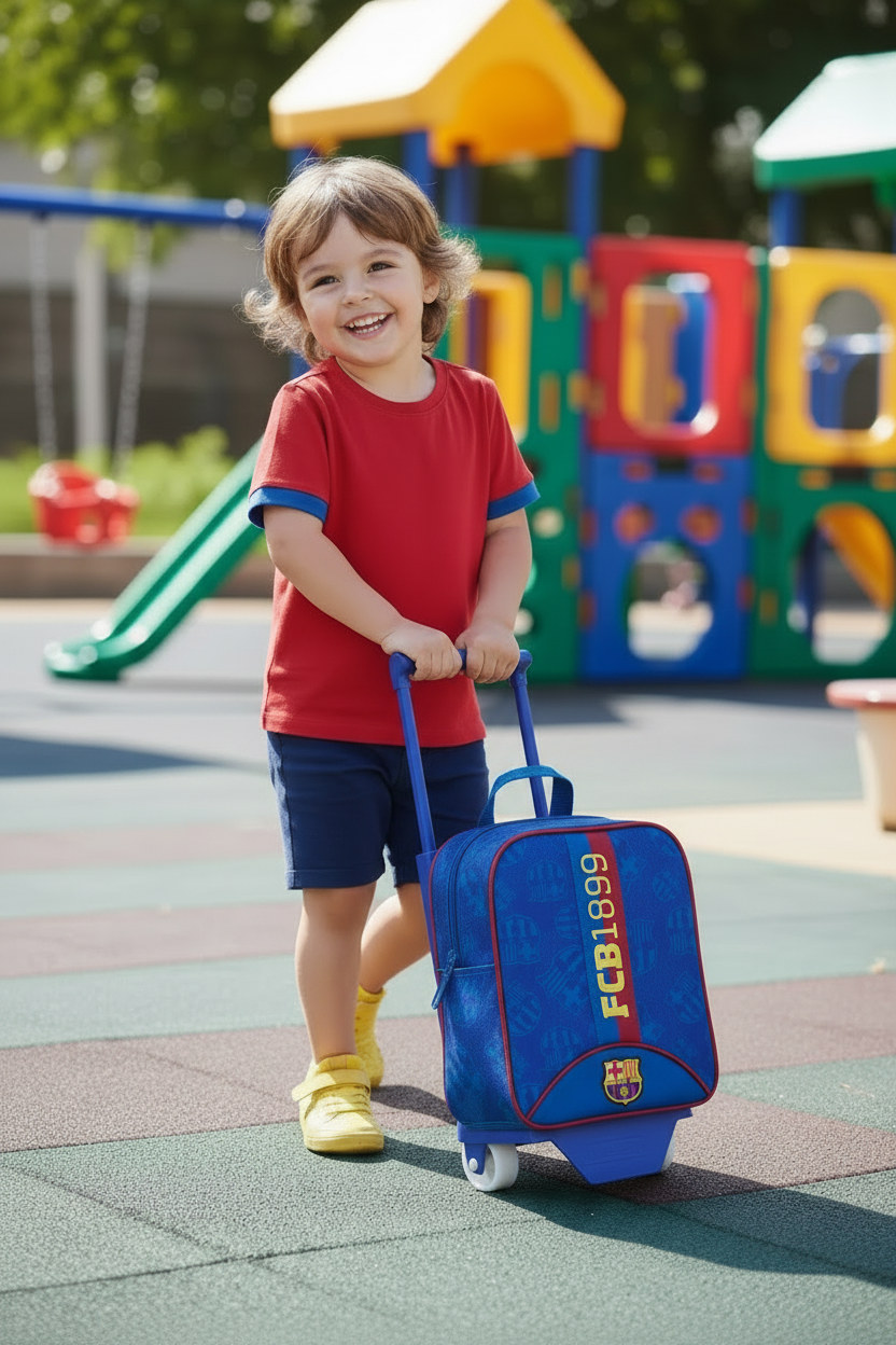 Troler gradinita cu F C Barcelona- inalt de 27 cm perfect pentru baietelul tau