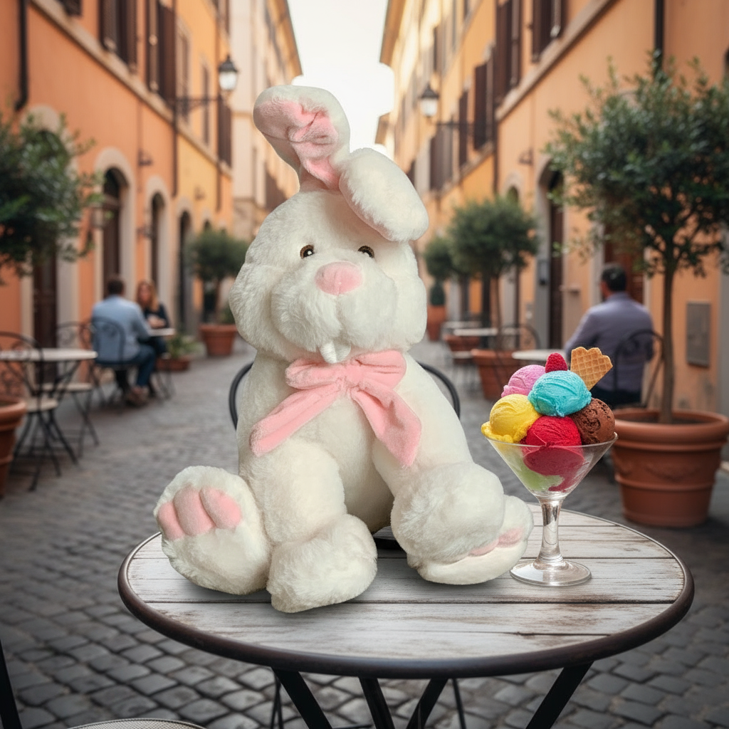 Jucarie pufoasa iepure alb in ilalia la o înghețată -Lelly