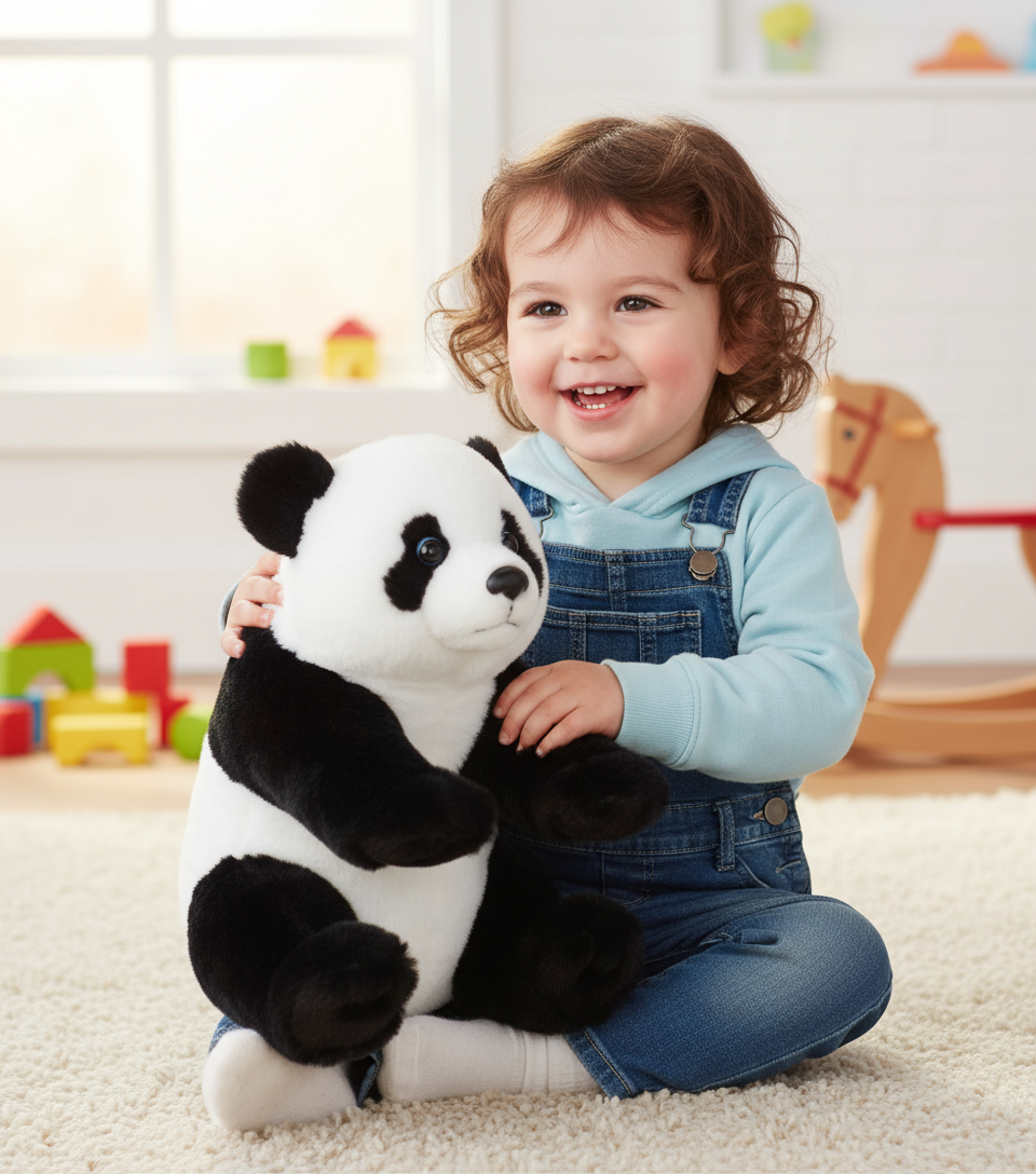 Jucărie panda de pluș Lelly 30 cm, moale și pufoasă, îmbrățișată de un copil zâmbitor.