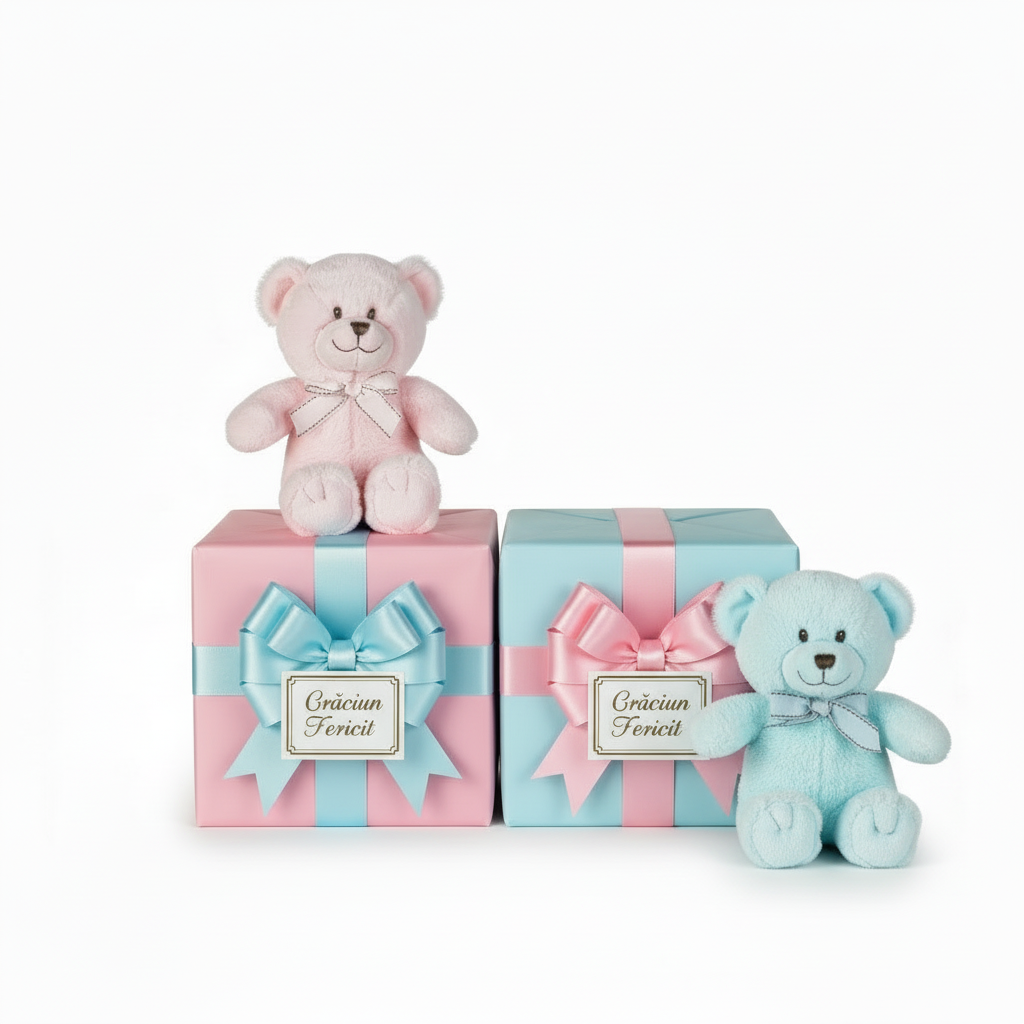 Jucărie copii Ursulet roz sau bleu, din plus cu funda, 23 cm