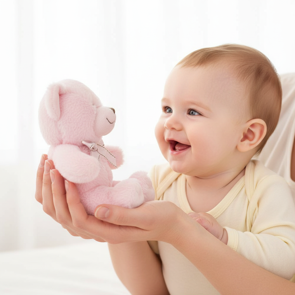 Jucărie copii Ursulet roz de plus cu funda, 23 cm