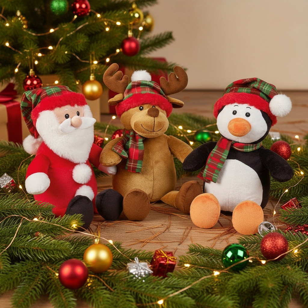 Ren+pinguin+Mos Crăciun de pluș cu fulare, jucării Lelly pentru copii, ediție de Crăciun.