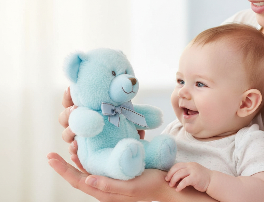 Bebeluș fericit descoperind primul său ursulet Lelly — momentul în care începe o legătură pentru toată viața—jucărie de pluș ca ancoră de siguranță