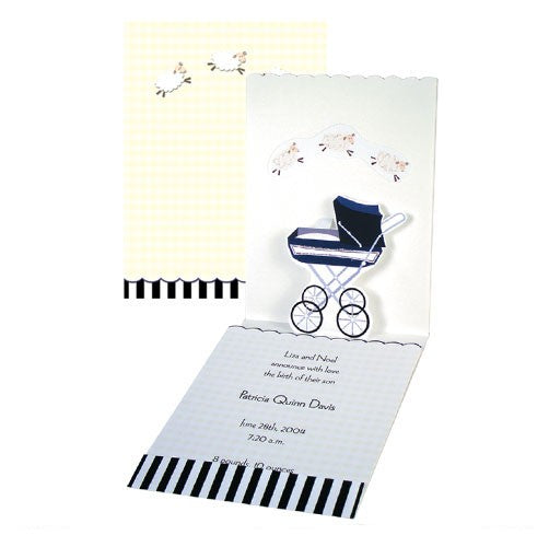 Set 8 invitatii 3D Carucior albastru bebe