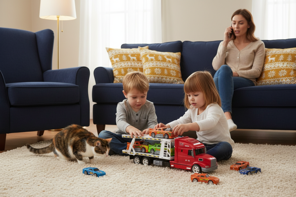 Camionul cu trailer este un set ideal pentru micii pasionați de vehicule și jocuri de transport. 