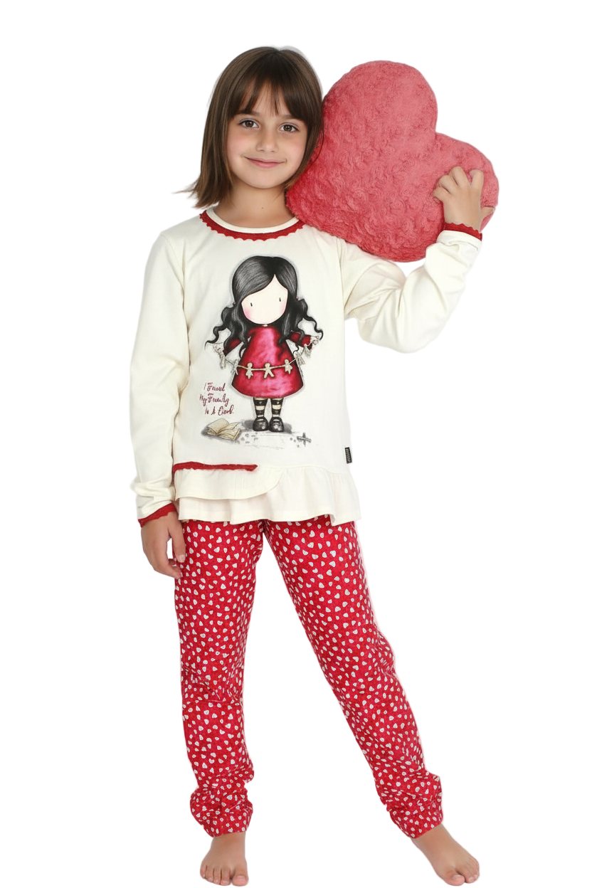 Pijama bumbac fete 12 ani cu design Santoro Gorjuss, alb si rosu perfect pentru Crăciun 