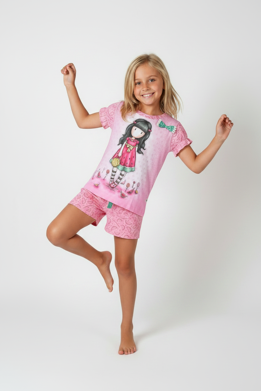Pijama fete de culoare roz, imprimata cu Gorjuss design ever summer ghas a story, marimi variate
