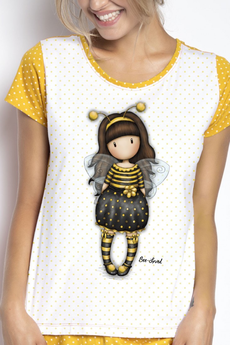 Pijama pentru dama cu tricou Gorjuss Bee Loved scurte - Nitzi.ro