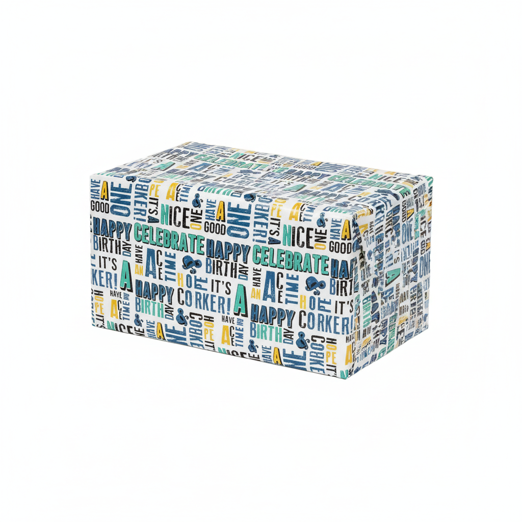 hârtia de împachetat Giftmaker de 3 m so 70 cm latime are un scris colorat, urban, cu mesaje aniversare