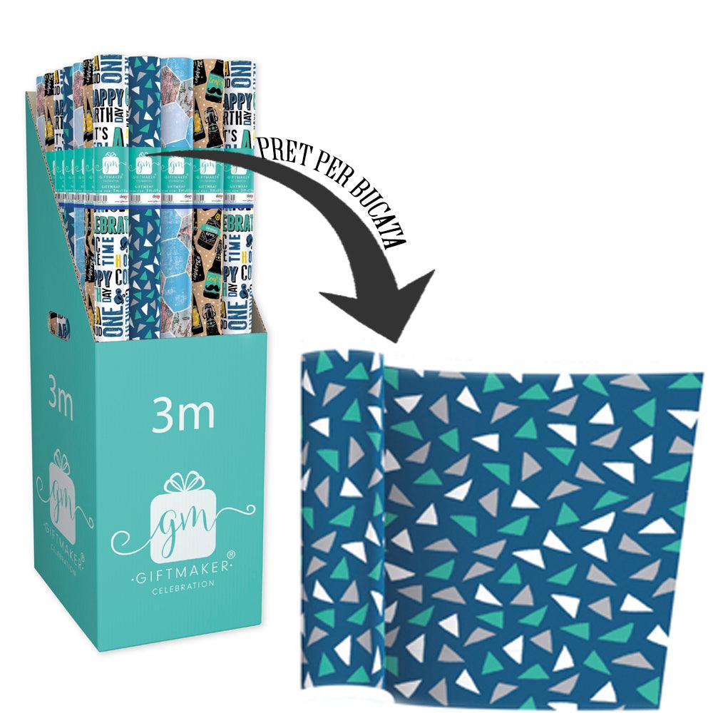 hârtia de împachetat Giftmaker model 4 fond albastru cu triunghiuri grafice moderne