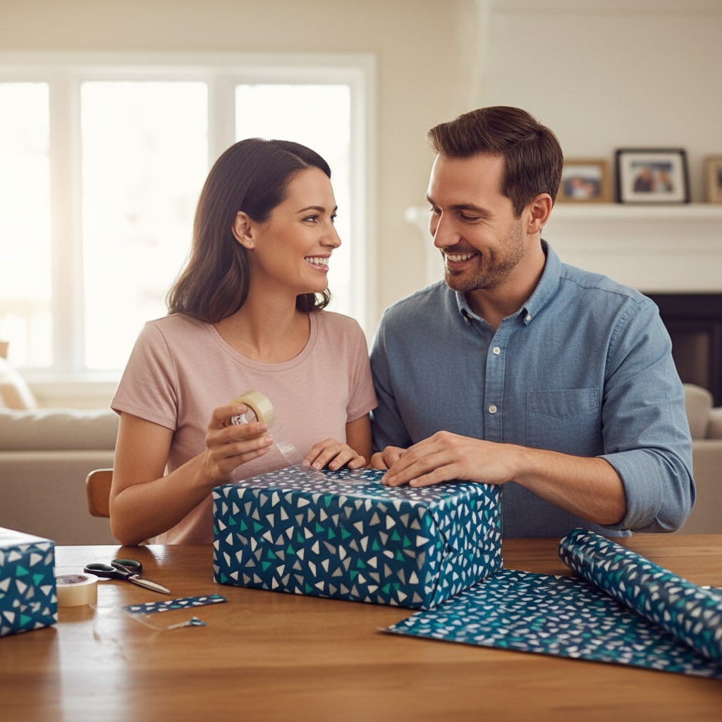 hârtia de împachetat Giftmaker are model masculin pe fond albastru cu triunghiuri grafice moderne, pentru aniversări 