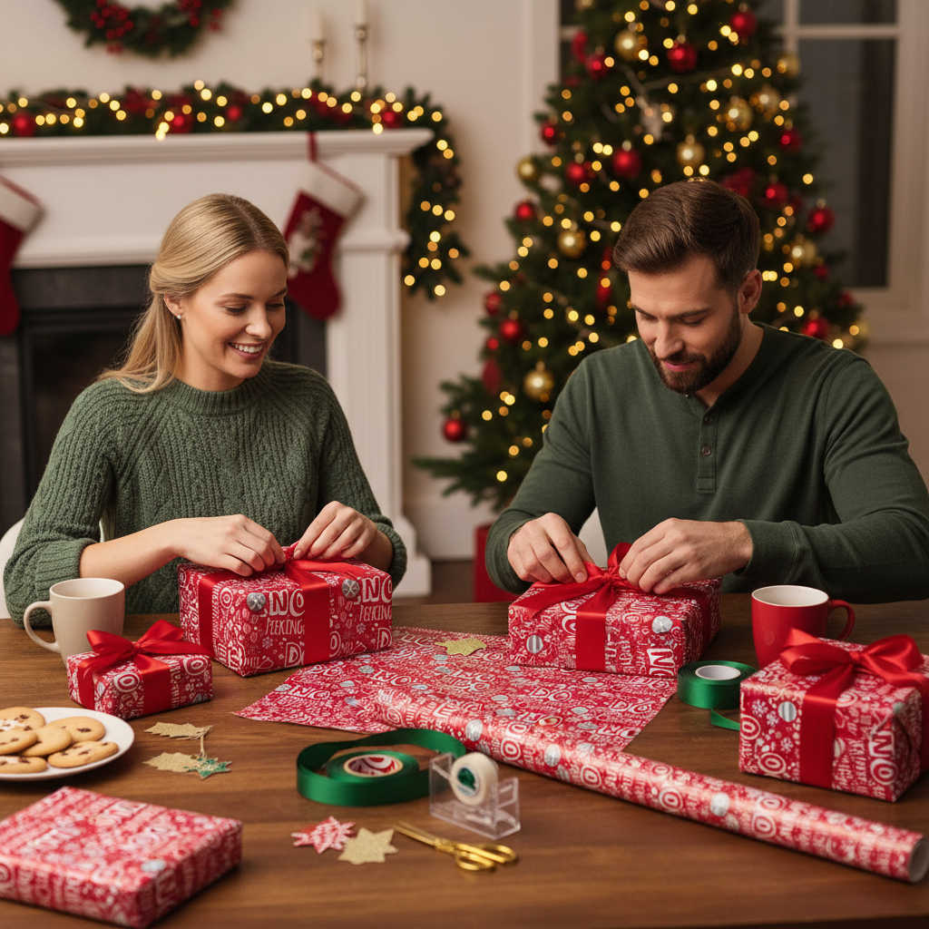 Hârtie de împachetat Crăciun nostalgic – 5 m, suprizele incep de aici