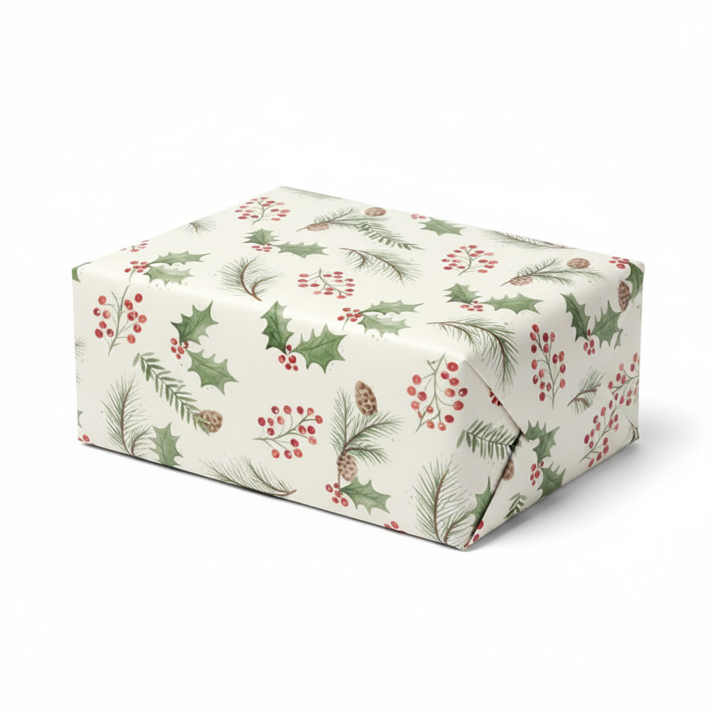 XAJGW100 hartie de impachetat elegante crem cu conuri de brad si bobite roii lungime 5m