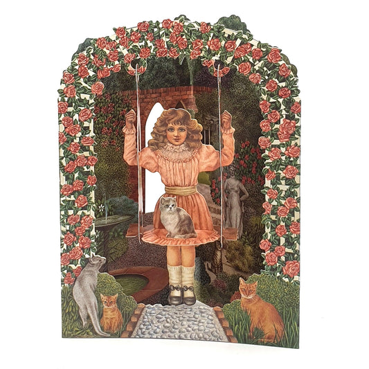 Felicitare 3D Swing Cards - Fetita si pisica in balansoar - Nitzi.ro