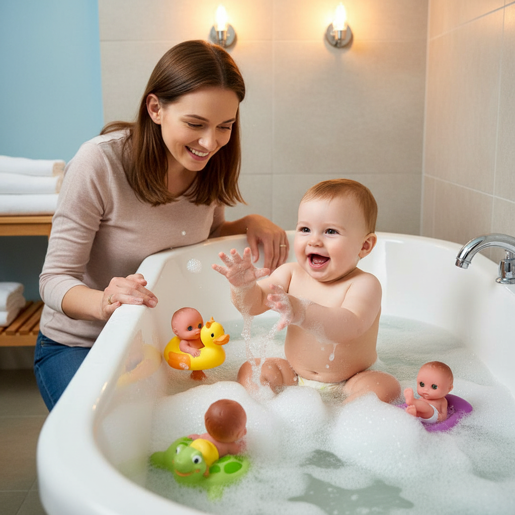 Jucării pentru baie dedicate bebelușilor, menite să transforme băița într-un moment plăcut și distractiv.