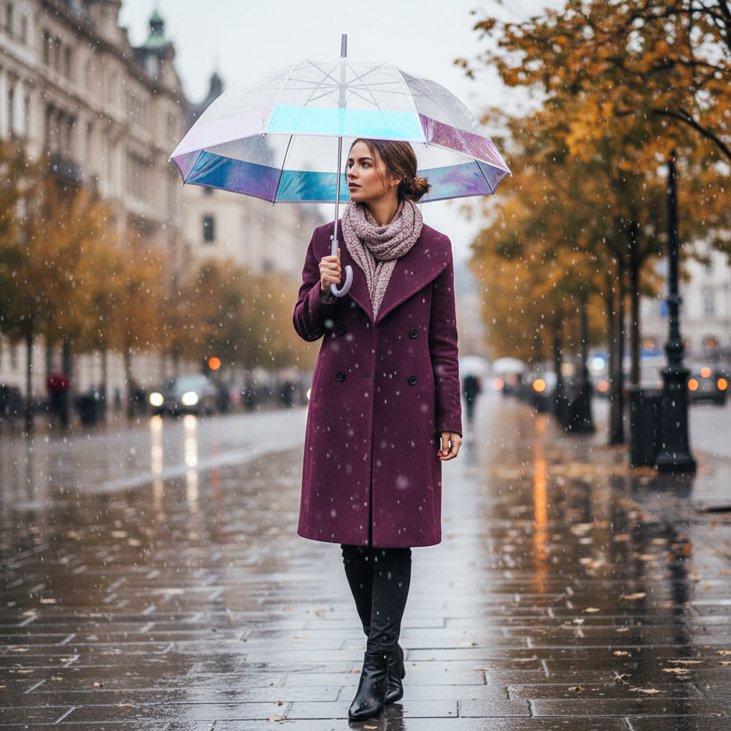 Umbrela ploaie transparenta cu banda refectorizanta multicolora, elegantă 