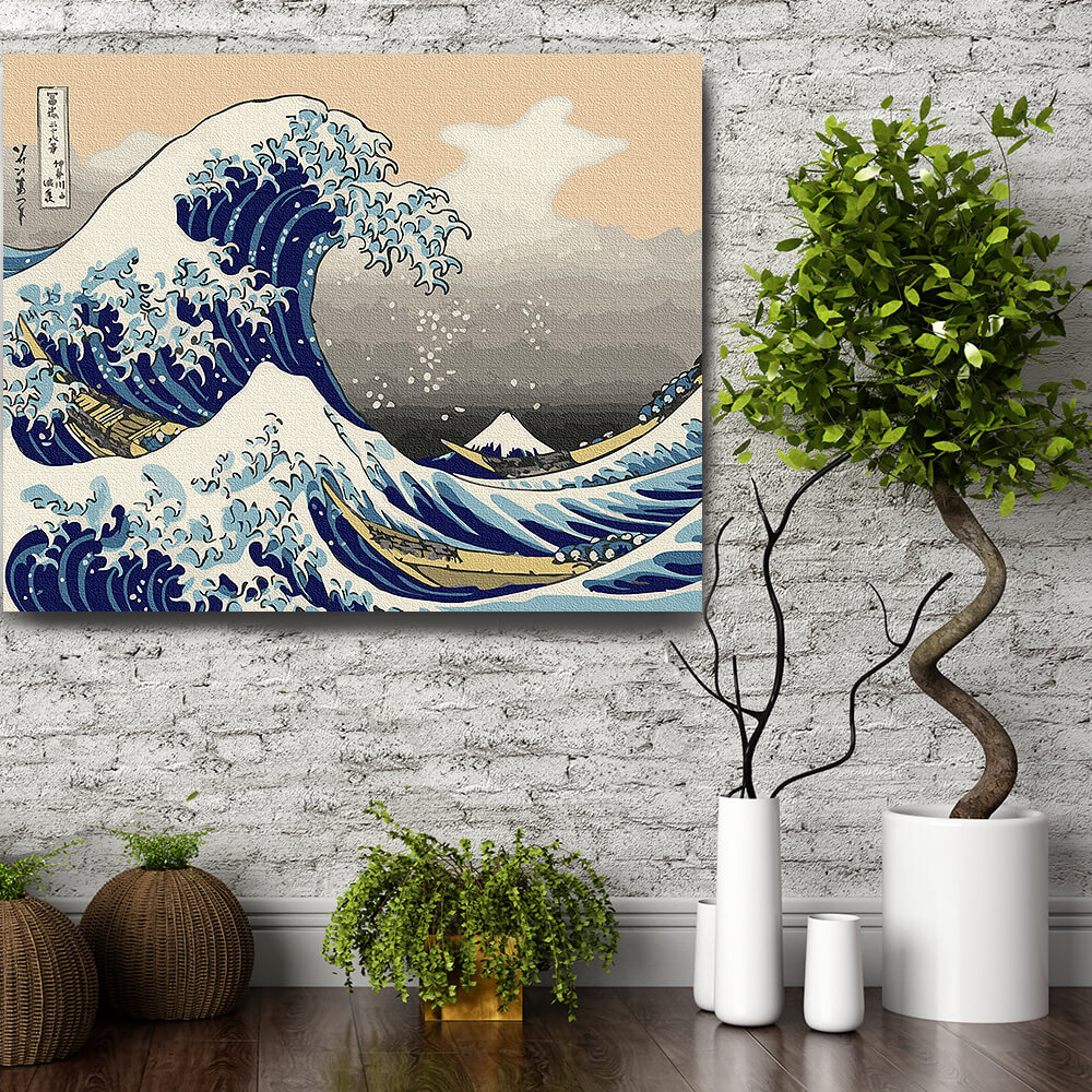 Pictura pe panza cu numere Marele val de la Kanagawa Hokusai 40x50 cm