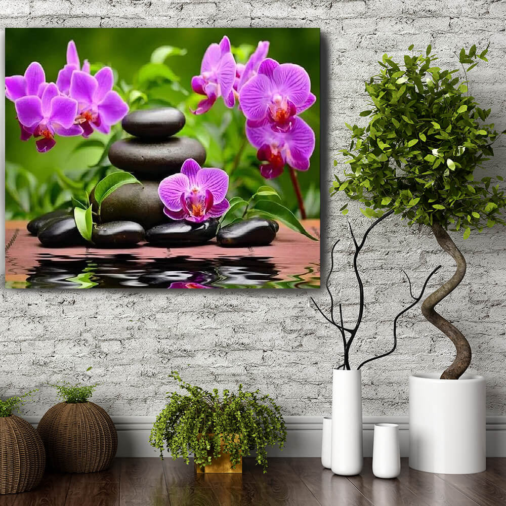 Set pictura pe numere (panza) Orhidee si pietre vulcanice 40x50 cm