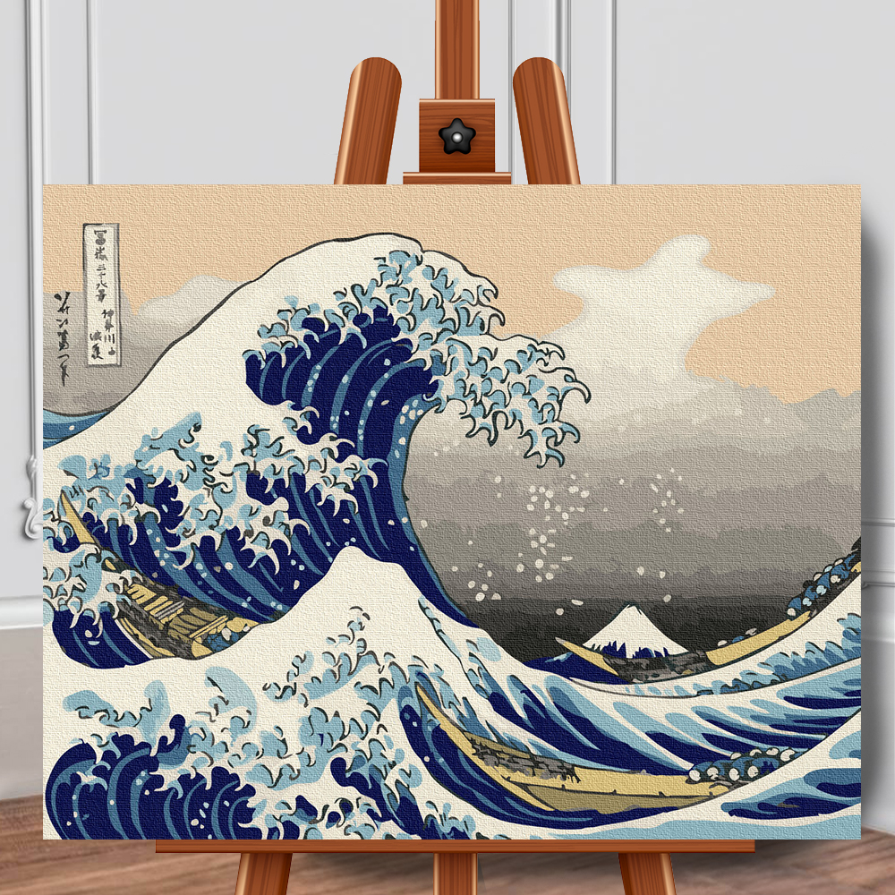 Pictura pe panza cu numere Marele val de la Kanagawa Hokusai 40x50 cm