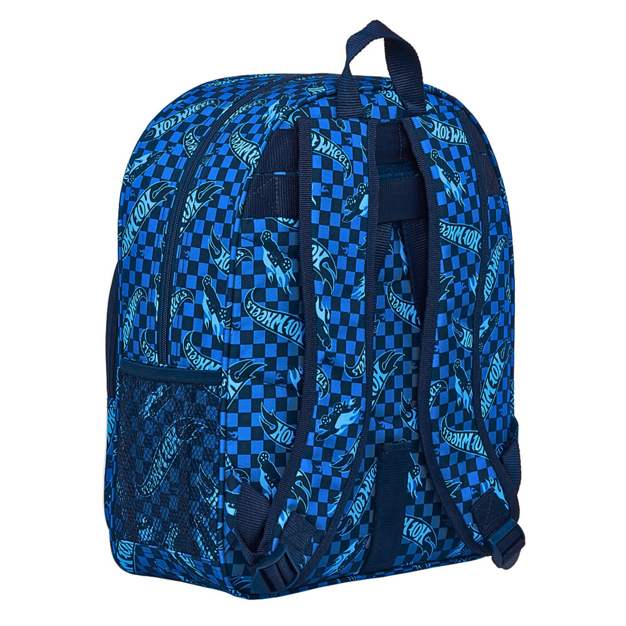 Rucsac cu design Hot Wheels vibrant și detalii roșii, ideal pentru adolescenți activi.