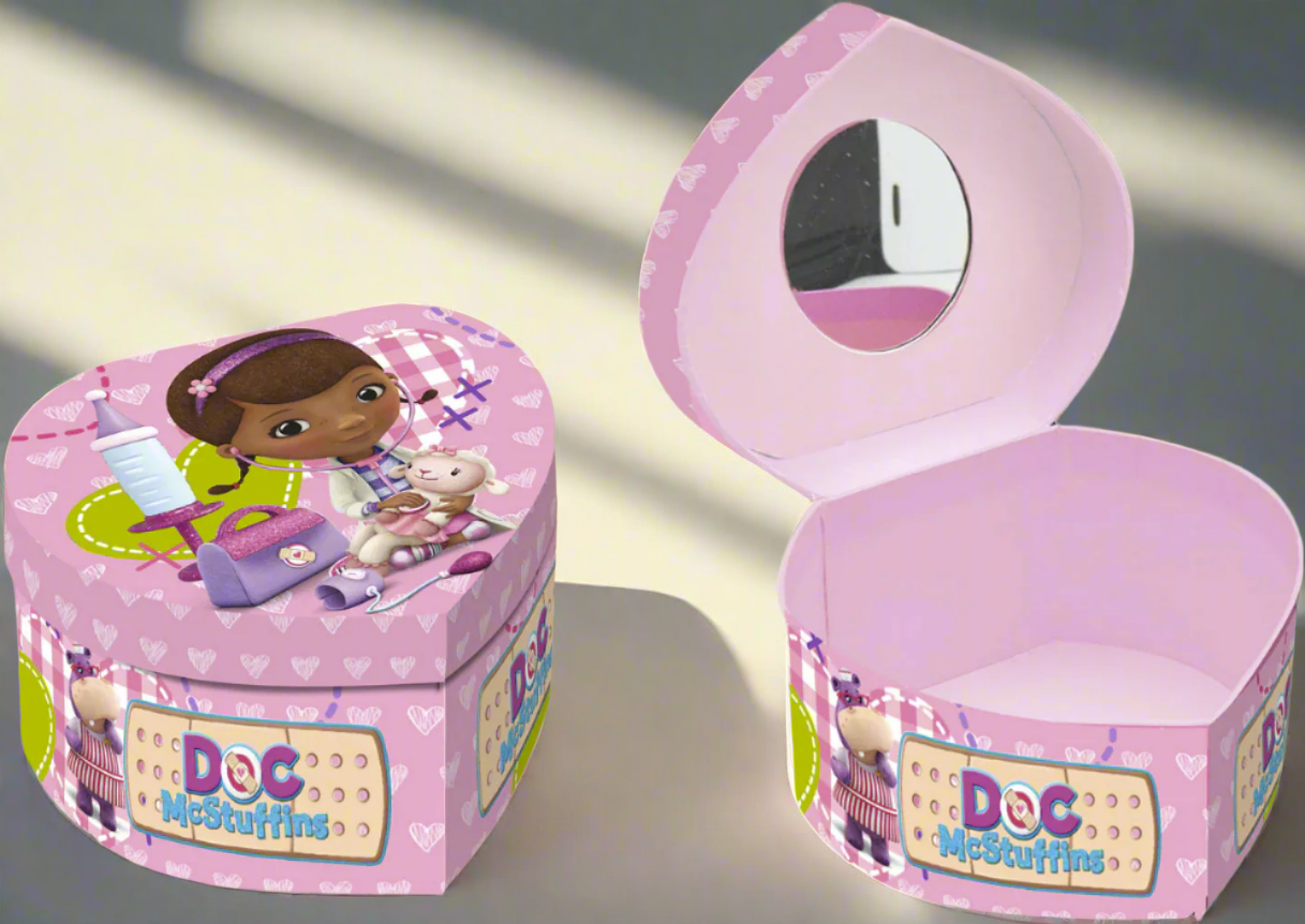 Cutie inimioară roz Doc McStuffins cu oglindă – perfectă pentru bijuterii și micile comori ale copiilor