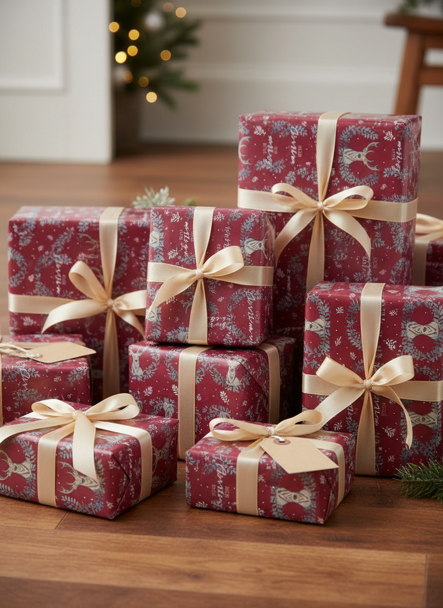 Hartie de impachetat model Tom Smith Ren si coronita 4 m grena