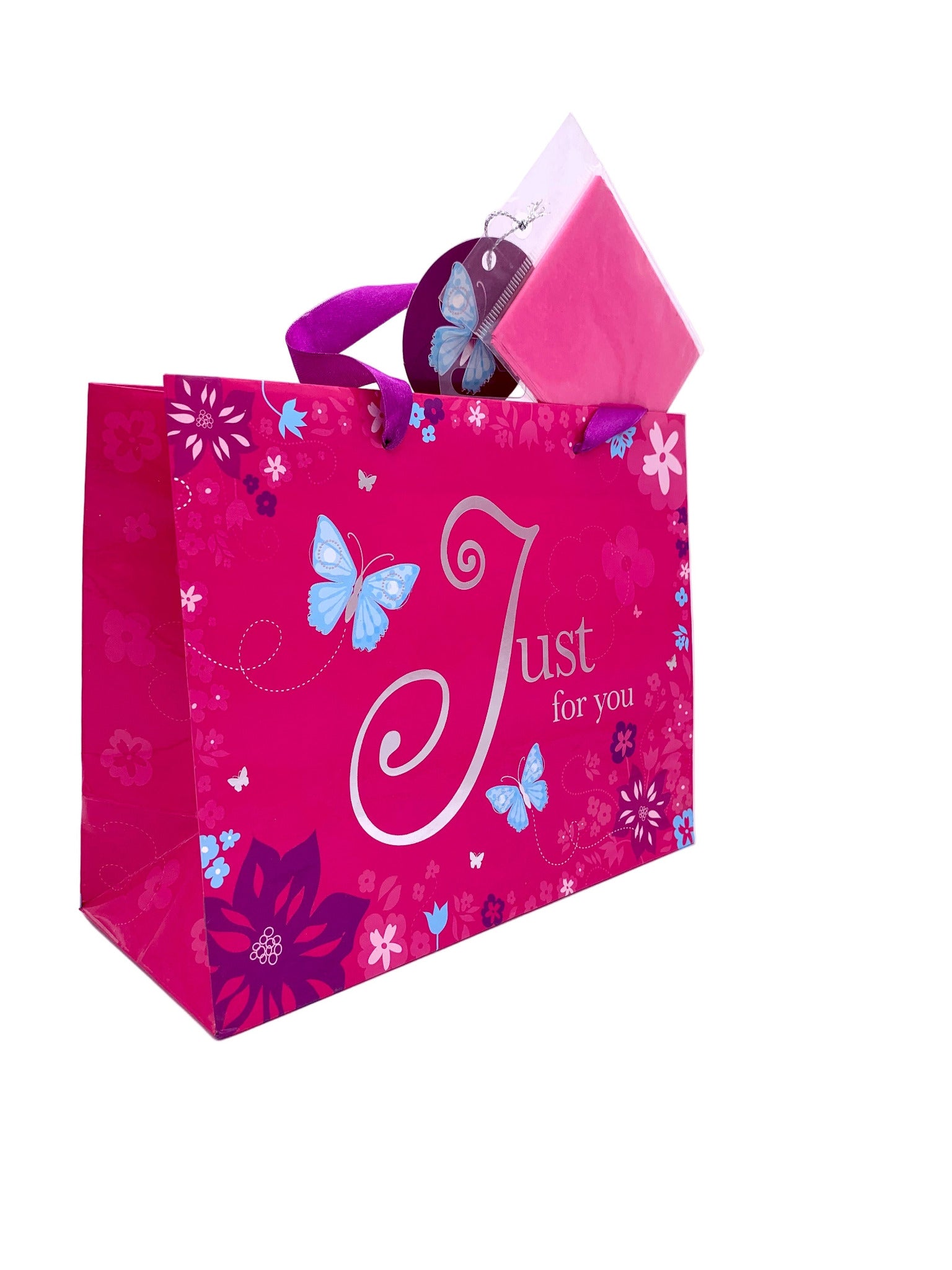 JFUM-Punga medie fucsia cu fluturi cu inscriptia Just for you
