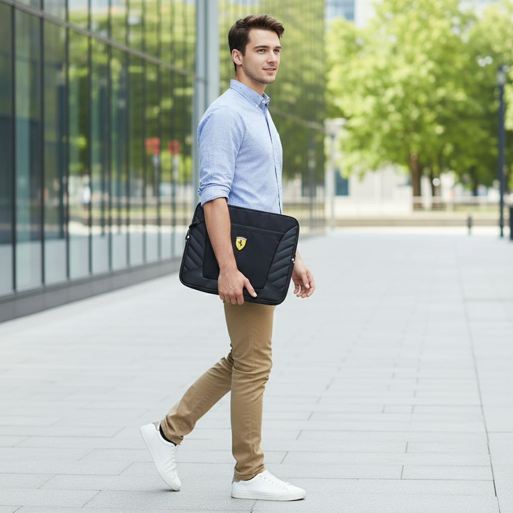 husa laptop neagra Ferrari, un accesoriu elegant și practic, produs oriinal