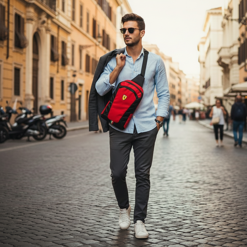 Rucsac crossbody Ferrari roșu, compact și elegant, purtat de un tânăr.