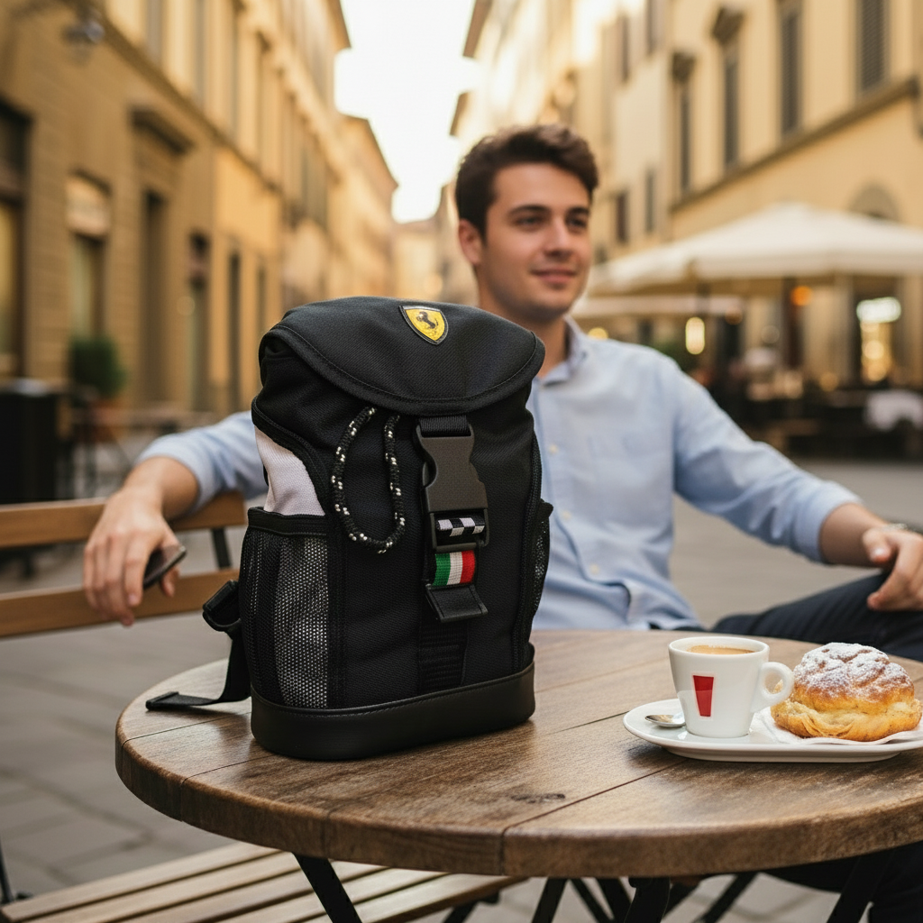 Mini rucsac Ferrari negru, original, cu logo Ferrari și detalii italiene