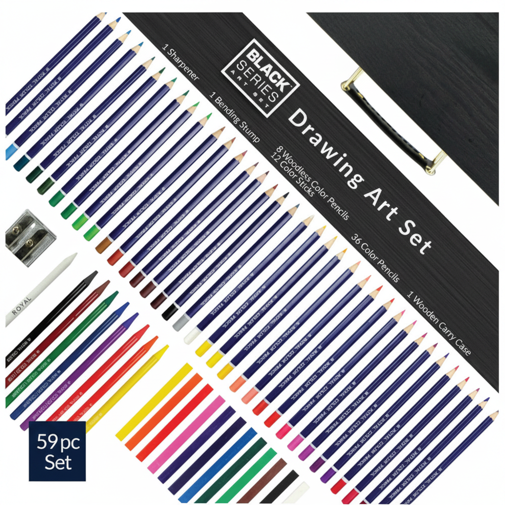 Trusa pentru desen din lemn cu 59 piese - serie neagra