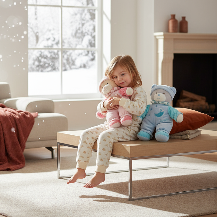 Jucărie din pluș pentru bebeluși, cu lumini colorate și melodii relaxante.