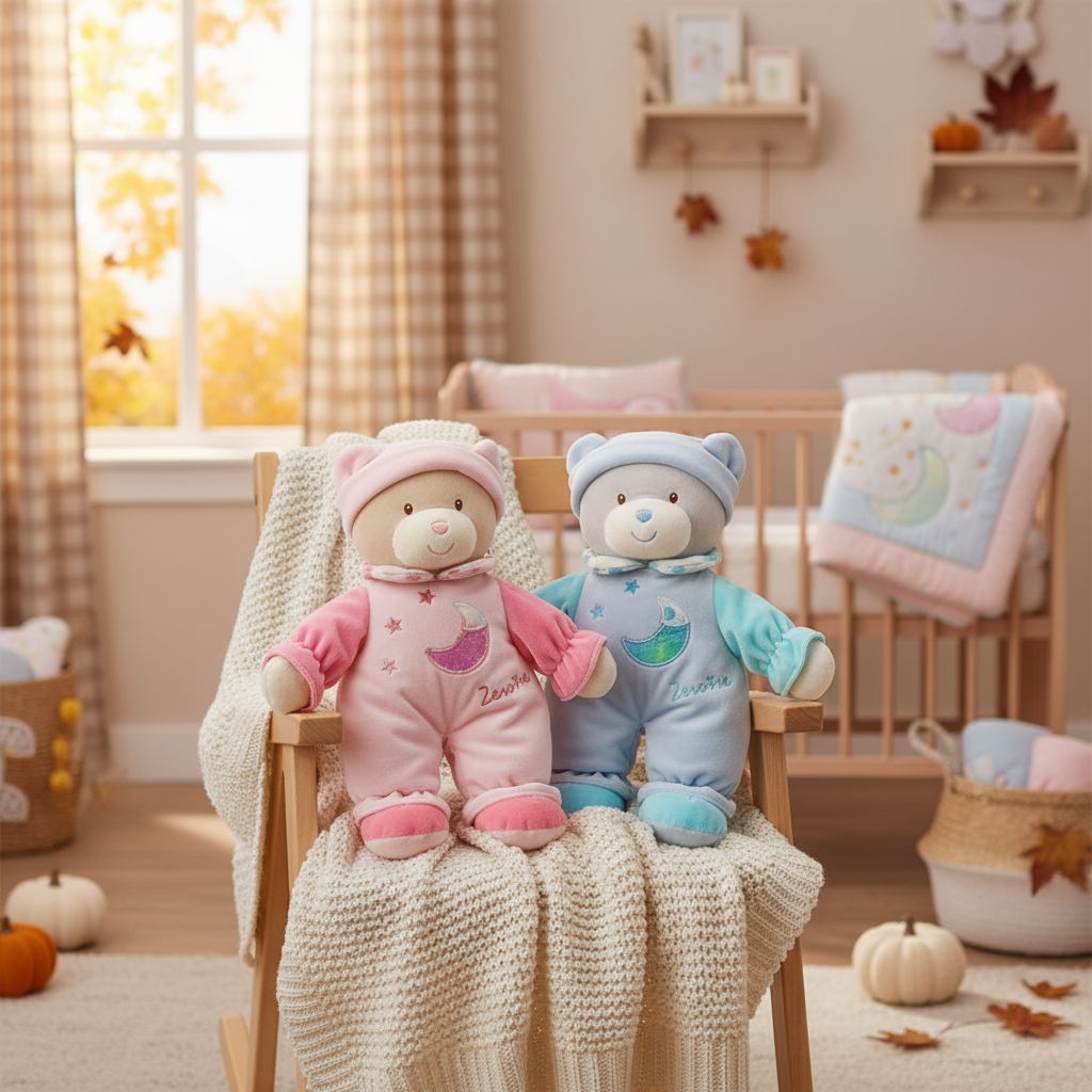 Doi ursuleți de pluș îmbrăcați în pijamale roz și albastre, așezați pe un scaun într-o cameră de bebeluș decorată de toamnă.