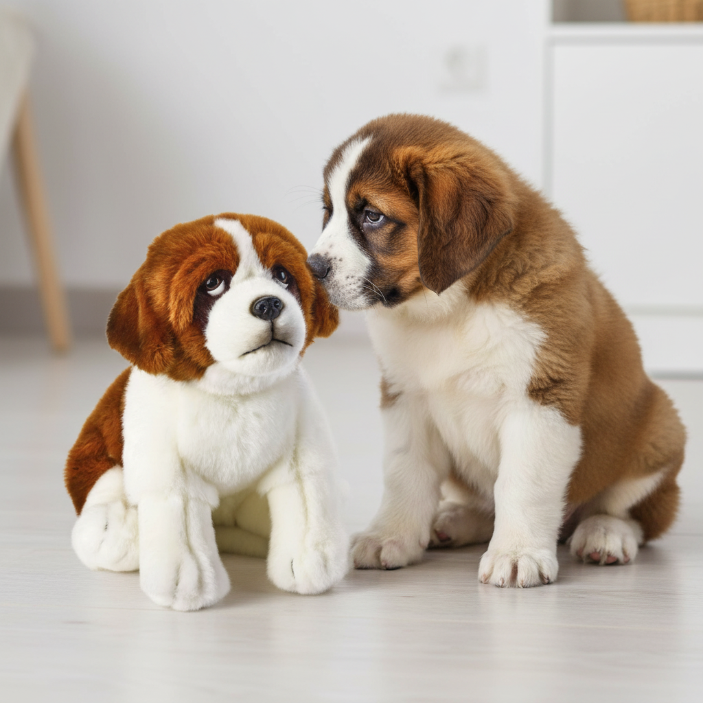 Jucărie copii Catel de plus Saint Bernard Berny 25 cm langa un catel adevarat