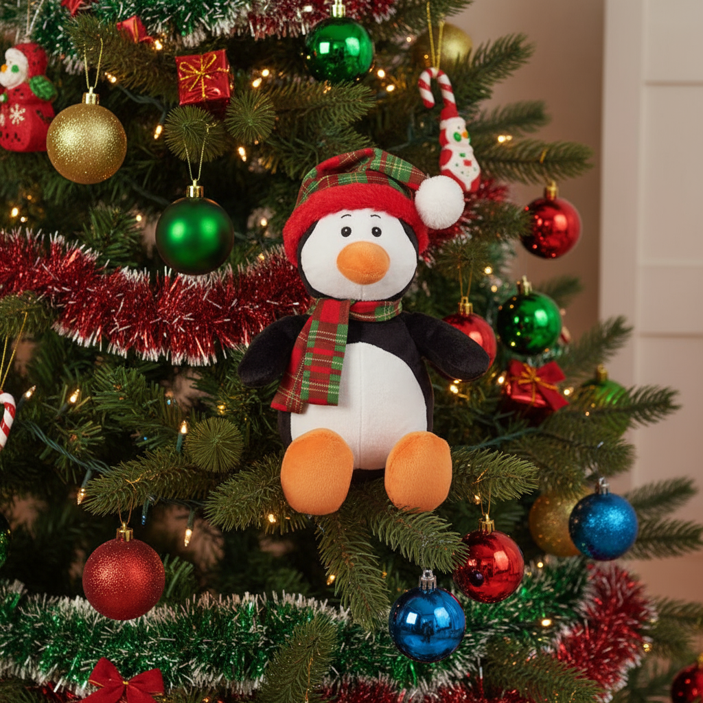 Pluș de Crăciun Lelly, pinguin moale și drăgălaș, decor și cadou pentru sărbători.