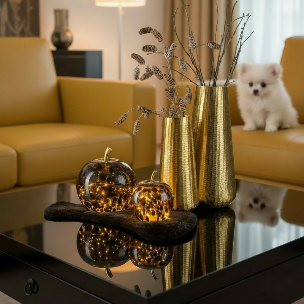 Vaza metalica aurie, inalta pentru decorat livingul