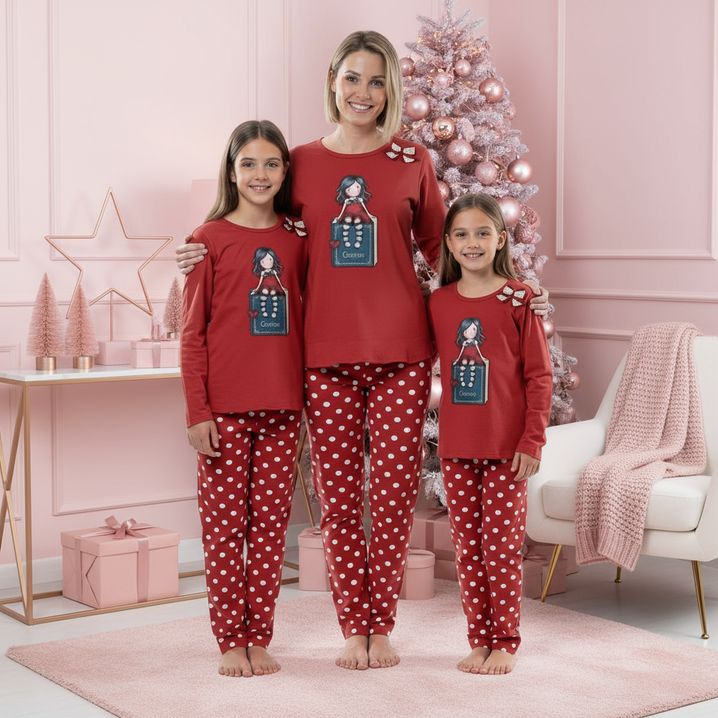 Pijama rosie din BBC 100% pentru mame si fetite cu Gorjuss Family in a book