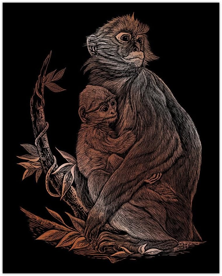Gravură pe folie metalizată cu maimuță și pui, art kit scratchboard pentru 8+ ani