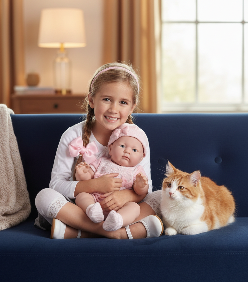 Fetița cu păpușa pe canapea bleumarin cu pisică - pentru cinew e cuminte