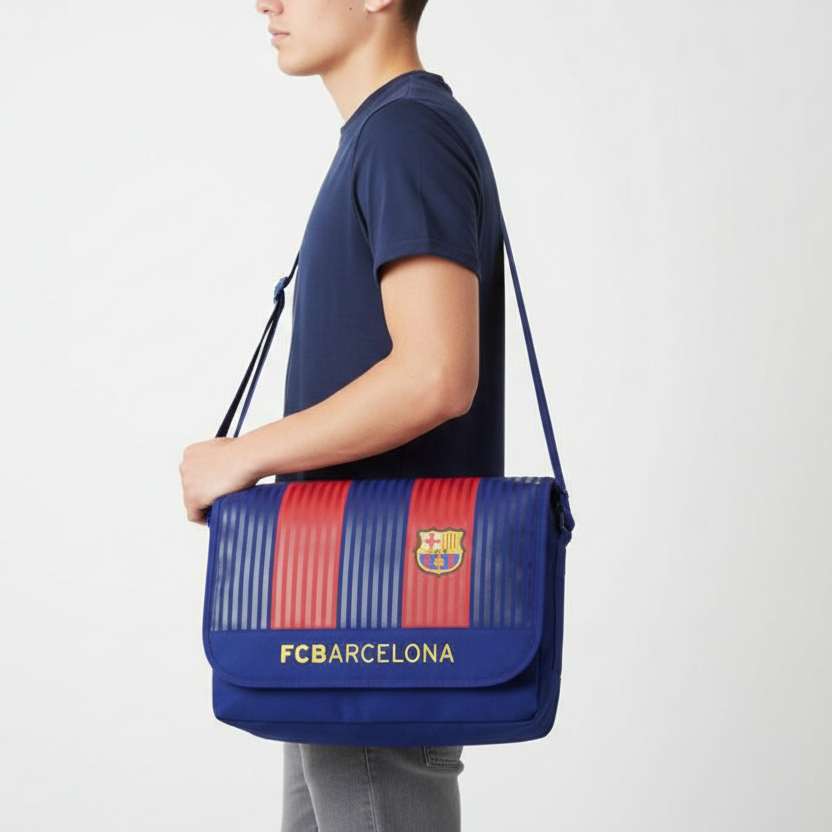 Geanta F.C. Barcelona cu clapeta si un compartament generos.