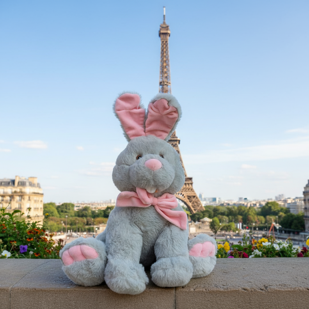 Iepure de pluș gri Lelly cu accente roz, fotografiat în fața Turnului Eiffel.
