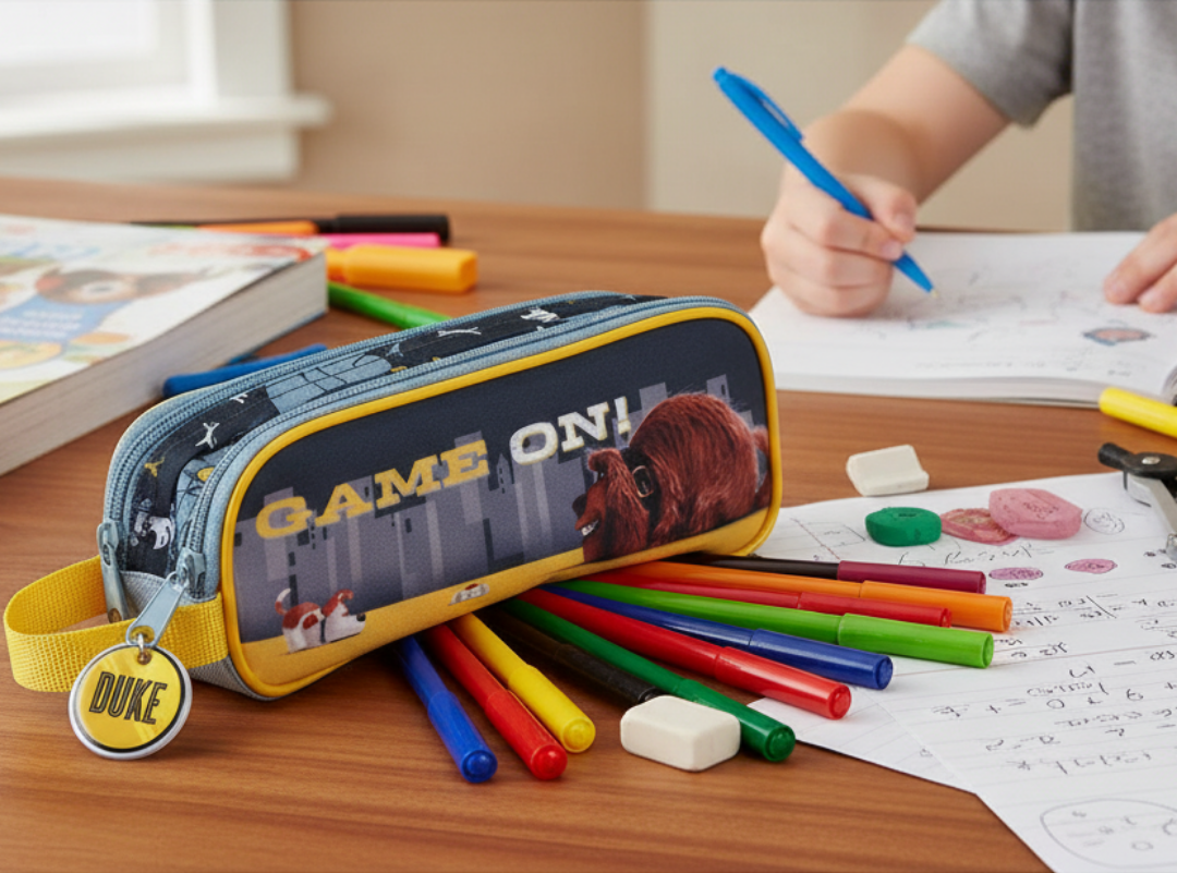 Penar dublu The Secret Life of Pets pentru copii, cu imprimeu Duke, două compartimente și mâner lateral galben