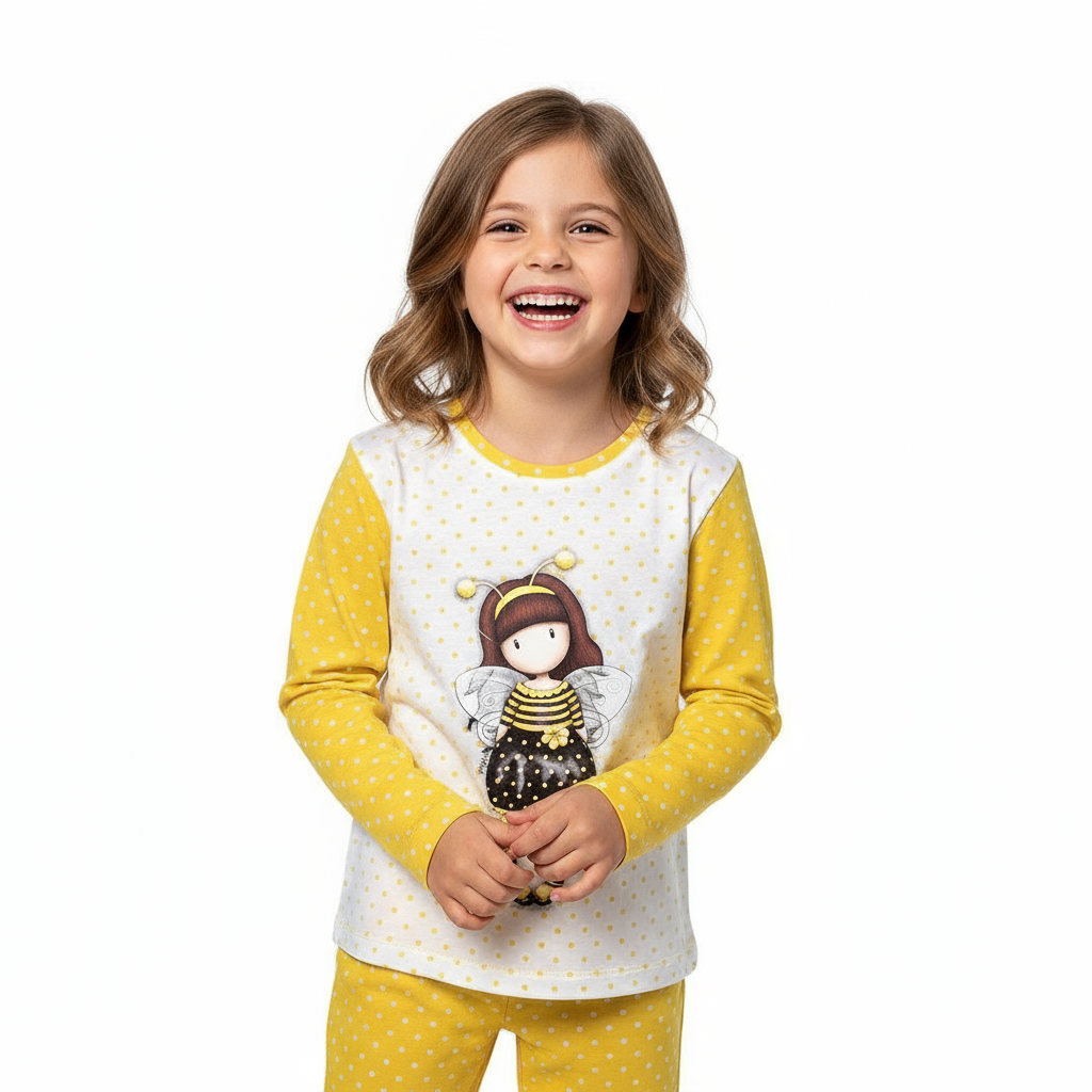 pijama copii Gorjuss Bee Loved din bumbac 100% în alb și galben, model cu buline