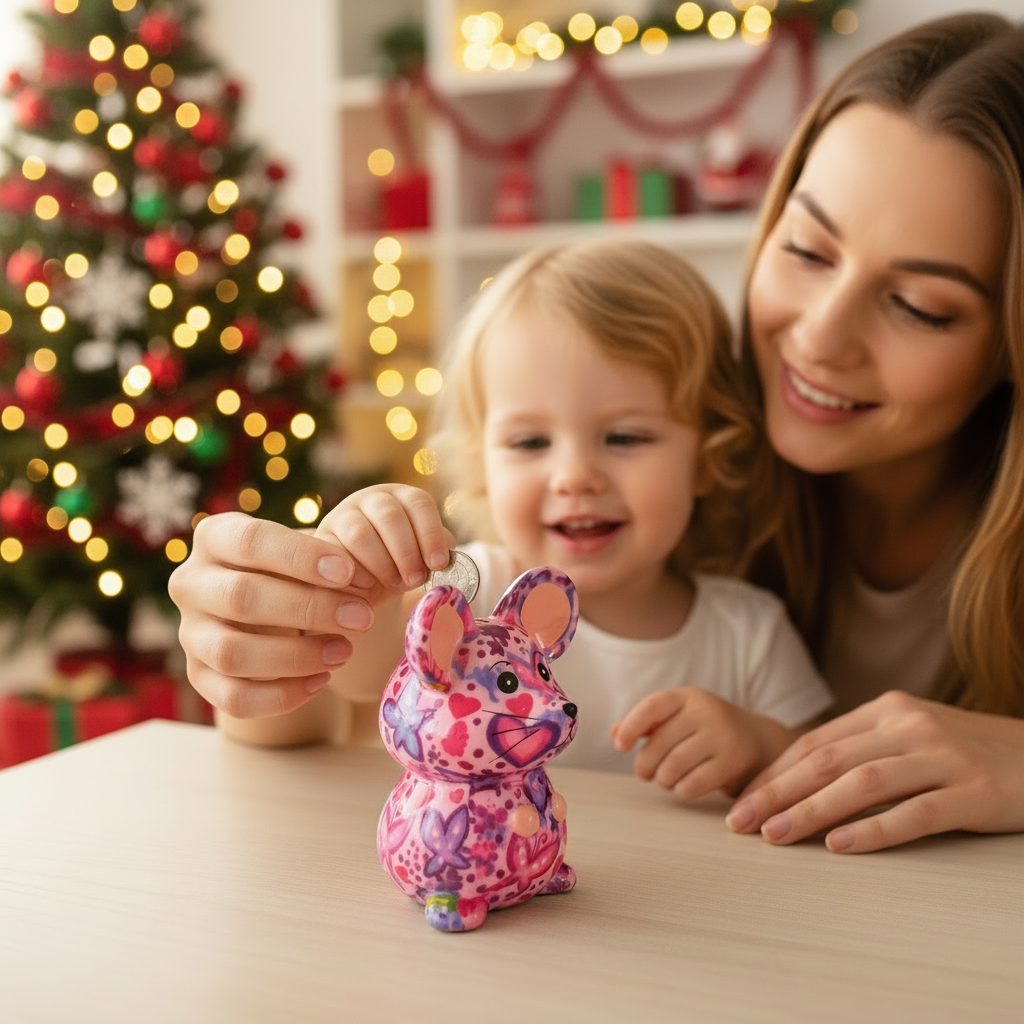 Pusculita ceramica in forma de soricel viu si haios colorat