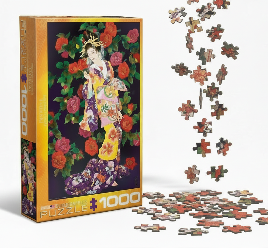 Puzzle Eurographics 1000 piese Tsubaki de Haruyo Morita - cutie cu ilustrație japoneză femeie în costum tradițional cu flori de camelie