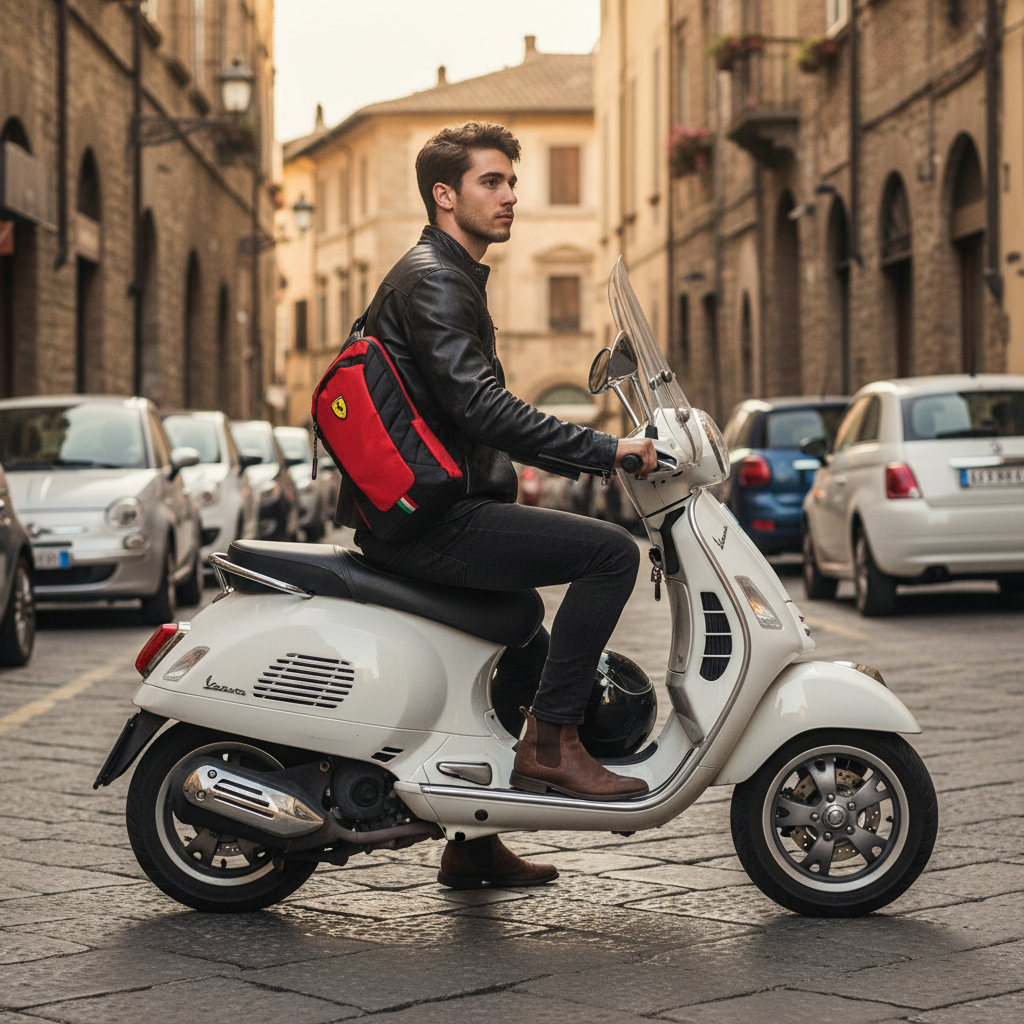 Rucsac crossbody Ferrari roșu, compact și elegant, purtat de un tânăr pe o Vespa albă.