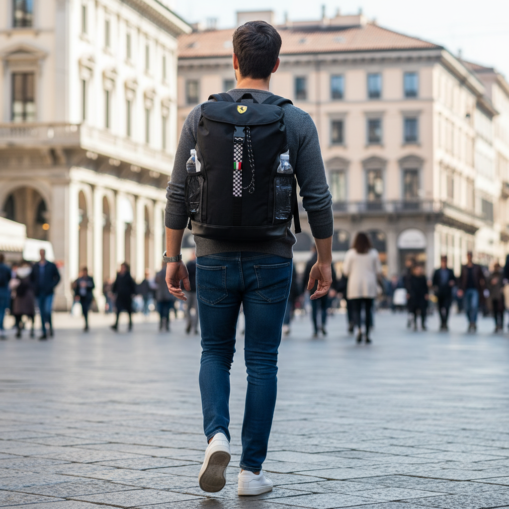 Rucsac Ferrari negru cu clapeta pentru barbati pasionati de masini