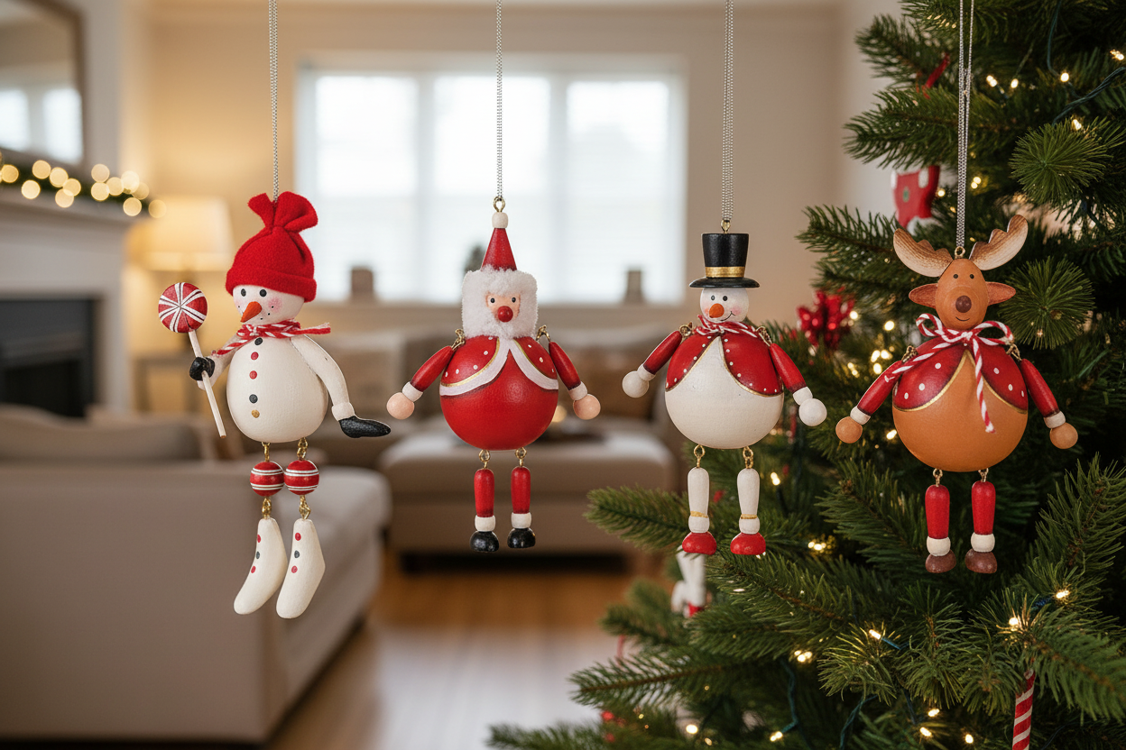 Set 4 ornamente brad lemn mici